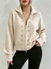 Marca independiente transfronteriza, color liso, muy adornado, de doble botonadura, cuello alto, cárdigan de punto con cremallera, top de moda de otoño nuevo
