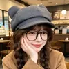 Novo chapéu feminino com orelhas de urso, chapéu octogonal para mulheres, boina de lã para outono e inverno, faz o rosto parecer menor, chapéu de lã moderno estilo japonês
