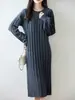 2026 Vestido de Punto de Lana 100% de Alta Calidad, Nuevo para Otoño e Invierno, con Cuello Redondo, Rayas Acanaladas y Diseño Sencillo para Mujer