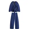 Traje de Moda 2025 Nuevo Europeo y Americano Transfronterizo para Mujer Chaqueta Superior Estilo Kimono de Lino + Pantalones de Lino Estilo Cimitarra