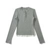 8561-24 Verano Nuevo Retro Americano Contraste de Color Falso Dos Piezas Cuello Redondo Tapeta Un Botón Manga Larga Camiseta Básica