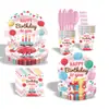 Pastel de Cumpleaños con Globos de Colores Tema Fiesta Platos de Papel Desechables Servilletas Vasos de Papel Cubiertos Tenedor Cuchara Suministros para Fiesta