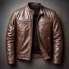 Jaqueta Masculina Transfronteiriça de Couro PU com Gola Alta para Motociclista, Jaqueta Aviador Punk Slim Fit, Atacado de Roupas Masculinas de Comércio Exterior Europeu e Americano