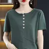 Estilo Novo Primavera e Verão Estilo Preguiçoso Algodão Puro Tricô Manga Curta Solto Gola Redonda Fino Tricô Camiseta Versátil com Botões para Mulheres