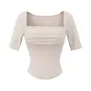 Ropa de Mujer al por Mayor Transfronteriza Verano 2025 Nuevo Estilo Europeo y Americano Camiseta de Color Sólido con Mangas Tres Cuartos y Almohadilla en el Pecho