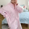 Conjunto de pijama de casa listrado azul estilo ins europeu e americano para mulheres, blusa soltinha com cordão na calça, novo estilo outono e inverno