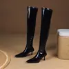 Charol, sexy, estilo europeo y americano, botas altas hasta la rodilla, nueva colección otoño/invierno, versátiles, adelgazantes, con cremallera, botas de mujer, de tacón alto, botas elásticas