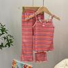 Roupas Infantis Coreanas Meninas Moda Verão Traje Ocidental Elegante Camisola Infantil Fina Calças Flare Listradas Conjunto de Duas Peças