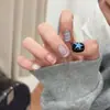 Puntas de uñas prefabricadas de estilo Ins ojo de gato de alta gama en color azul, estrelladas y elegantes, efecto blanqueador, arte de uñas con cuentas, puntas de uñas ponibles, pegatinas para uñas postizas