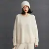 Suéter de Punto de Cachemira 2026 Otoño/Invierno Nuevo para Mujer, Corto, Holgado, Liso, Cuello Redondo, Manga Raglán, Color Sólido