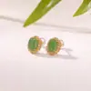 Yuebao Jewelry Pendientes de Plata de Ley S925 Estilo Retro Espiga de Trigo con Jade Hetian Verde Pendientes para Mujer Lujo Ligero Estilo Chino Pendientes de Superficie de Huevo Joyería de Plata