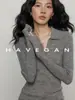 Suéter de tricô HAVEGAN de manga longa para outono, feito com mistura de lã para mulheres, com gola de lapela, em um estilo descontraído e macio, que lembra a estética "old money".