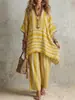 Comércio Exterior Transfronteiriço Europeu e Americano Roupas Femininas Amazon Fashionável Estiloso Gola V Solto Listrado Casual Conjunto de Duas Peças