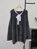 2025 Novo Outono e Inverno Tricô Pulôver Renda Patchwork Feminino Comprimento Médio Solto Estilo Doce Tricô Top