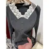 Camisa base de renda cor de damasco para mulheres, roupa íntima de outono e inverno, suéter gola V, blusa de tricô justa para mulheres baixinhas, top estilo francês