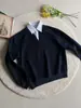 AMBSOM Sudadera con Capucha de Dos Piezas Falsas Rayas Cuello en V Color Sólido Corta Ancha Cuadrada Jersey Versátil Estilo Universitario