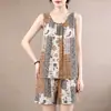 Traje de algodón y seda para madre verano sin mangas camiseta pantalones cortos chaleco pijama conjunto de dos piezas para mujeres de mediana edad y mayores verano