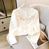 Cárdigan de punto suave floral tridimensional de estilo coreano para mujer, dulce cárdigan de punto con cuello redondo, blanco, talla única