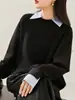Comercio Exterior 2025 Primavera y Otoño Diseño Camisa de Dos Piezas Falsa Contrastante Cuello de Camisa Suéter de Punto de Manga Larga de Tres Piezas para Mujer