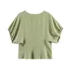 Para Comercio Exterior Europeo y Americano Transfronterizo Ropa de Mujer Aliexpress Más Vendido Verano Simple Versátil Cuello Redondo Mangas Abullonadas Camisa Ceñida a la Cintura