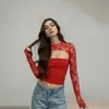 G25T145-Estilo Novo Europeu e Americano Primavera e Outono Design Sexy de Renda Manga Sino Valoriza a Silhueta Roupa Feminina