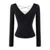 Camiseta sexy de manga larga, escote en V profundo, acolchada, sin espalda, con tiras cruzadas, top básico liso ajustado, novedad de otoño