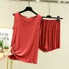 Conjunto de duas peças adequado para usar por cima de outras roupas, conjunto de pijama plus size para mulheres, shorts de verão com babados, roupa para ficar em casa, regata solta de modal