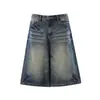 Shorts de Mezclilla Lavada Estilo Americano High Street Unisex Nb302 con Diseño de Bigotes de Gato para Hombre, Corte Holgado, de Tres Cuartos