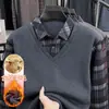 Nueva Camiseta de Invierno para Hombre Terciopelo Integrado Falso Dos Piezas Capa Base Cálida Plus Terciopelo Cuello de Camisa Engrosado Camisa Polo Hombre
