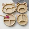 Plato de bambú y madera para niños con ventosa, compartimento de una sola pieza, al por mayor, plato para suplementos alimenticios de bebé, forma de oso de dibujos animados