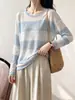 Camisa protectora solar de manga larga a rayas holgada estilo coreano de seda helada para mujer, prenda exterior fina de verano, top casual para aire acondicionado