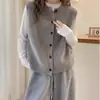 Colete de Tricô Cinza de Alta Qualidade com Gola Redonda para Mulheres, Moda Outono & Primavera, Peça de Camada Cardigan Suéter Colete Sem Mangas