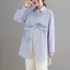 Camisa de Algodón Bordada de Longitud Media y Manga Larga 2026, Rayada Versátil Artística Talla Grande Blusa Holgada