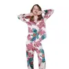 [Pájaros Blancos y Flores] Pijama para Mujer Primavera y Otoño Seda de Hielo Manga Larga Jacquard de Mariposa Ropa de Casa Verano Delgado