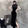 Vintage estilo chinês Veludo Cheongsam vestido melhorado novo estilo chinês Split Alto Cool Sough Preto elegante vestido longo