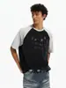 Camiseta Masculina de Verão Novo Estilo, Manga Raglan, Gola Redonda, Caimento Solto, Color Block Cinza e Preto, Estampa de Estrela de Cinco Pontas, Tendência