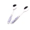 Venta al por mayor de fábrica mango de cerámica de acero inoxidable patrón floral exportación transfronteriza Amazon tamaño pequeño cuchara para remover tenedor de fruta