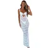 Vestido largo de moda de primavera y verano con temperamento, collage de encaje, costuras, transparente, cintura hueca, cadera