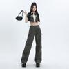 Diseño de Correa con Cordón Pantalones de Pierna Ancha Cropped para Mujer Chica Caliente Dulce Fresco Cintura Alta Aspecto Holgado Delgado Moda Tendencia Pantalones Versátiles