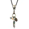 Collar Artístico Retro Estilo Étnico de Aleación con Pluma y Estrella de Cinco Puntas Combinadas Cadena Creativa de Hilo Encerado de Doble Capa con Cuentas para Suéter