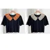 Chal de encaje con cuello de muñeca calado, blusa de mujer decorada con perlas, cuello postizo, sobrefalda estilo coreano
