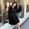 Design Estilo Hepburn para Outono e Inverno, Vestido Moletom Preto que Esconde a Barriga, Gola Polo Diferente, Ajuste na Cintura, Emagrecimento, Vestido Estilo College