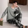 Pijamas Masculinos no Atacado, Conjuntos Masculinos de Algodão Puro com Manga Longa 2025 Novo Estilo, Roupa Casual para Casa para Meninos, Outono e Inverno