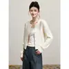 Cardigã de tricô com ponto trançado, gola redonda, cor off-white, para mulheres, jaqueta de tricô suave e macia para primavera e outono, top vintage slim fit
