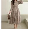 Vestido Floral de Manga Larga con Cuello en V para Mujer Tallas Grandes Estilo Coreano Nuevo de Primavera y Otoño Falda de Pastel Inferior Cintura Chica Gorda
