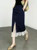 Saia Patchwork Azul Escuro Elegante de Cintura Alta com Fenda para Uso Diário de Luxo para Mulheres, Nova Coleção Verão 2026