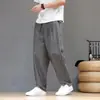 Pantalones de lino a rayas verticales para hombre, estilo fino de verano, pantalones casuales de algodón y lino estilo chino, talla grande, pantalones tipo harén rectos holgados
