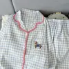 Pijama Rosa de Encaje para Mujer de Talla Grande en Stock del Fabricante, Lindo Ropa de Casa Azul a Cuadros con Bordado de Pony para Primavera y Otoño