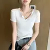 8710 Camiseta de Manga Corta con Cuello Semiabierto para Mujer, Nuevo Estilo Coreano de Verano, Elegante y de Corte Ajustado, Top Corto Versátil Casual para Mujeres Pequeñas