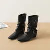 Botas Western Curtas Retrô para Mulheres, com Fivelas Duplas, Plissadas, Empilhadas, de Cano Médio, Aumento Interno de Altura de 5cm, Bico Quadrado com Fivela, Versáteis e Emagrecedoras